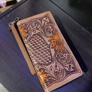 Floral Embossed Leather Clutch Wallet
